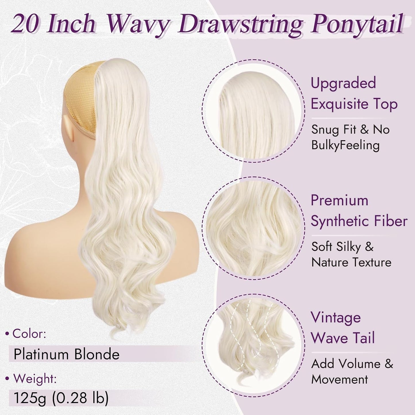 Platinum Blonde Wavy Drawstring Ponytail Extension - 20 Inch Clip-In Hairpiece for Women | Natural-Looking Curly Hair