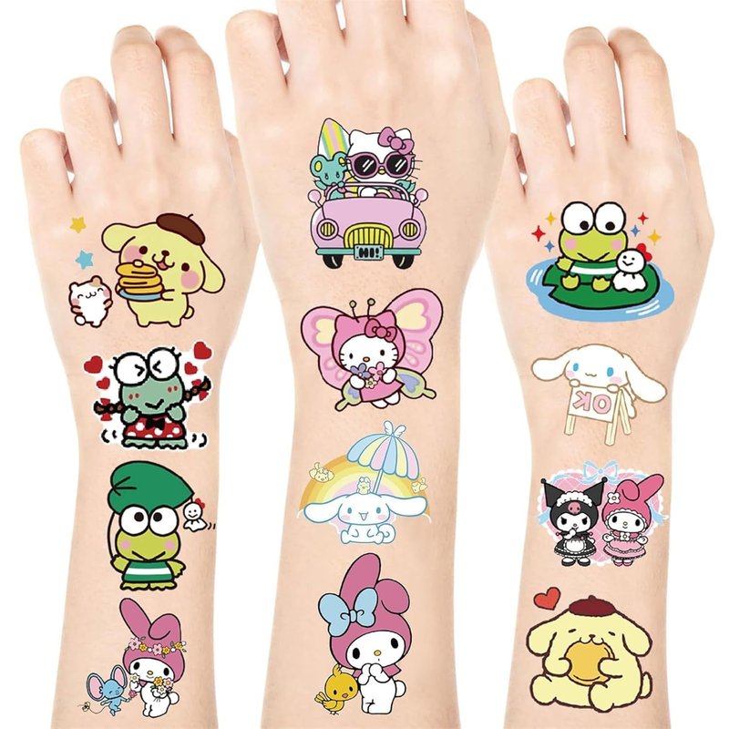 Sanrio Temporary Tattoos for Kids - 20 Cute Cartoon Character Stickers | Waterproof Non-Toxic Body Art for Parties