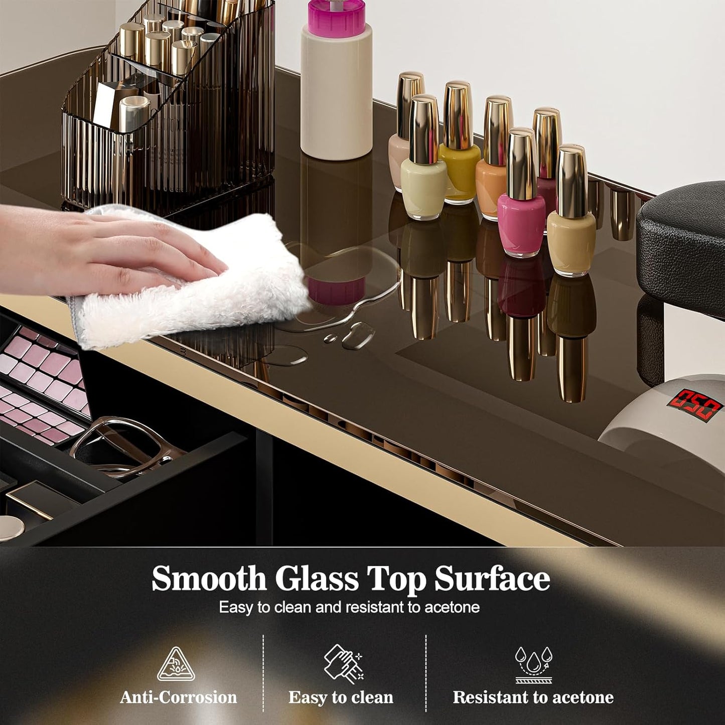 Manicure Table - Glass Top Nail Desk Station with 4 Drawers & 2-Tier Storage | Acetone Resistant, Wrist Cushion, Black