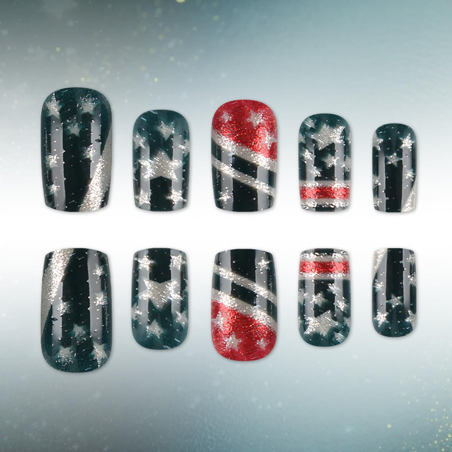 24Pcs 4th of July Press-On Nails - Medium Square Black American Flag Glitter Acrylic | Patriotic Full Cover Design