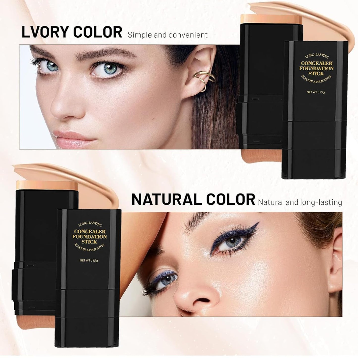 Foundation Stick - 2 in 1 Dual-Ended Waterproof Concealer & Contour | Full Coverage Matte Finish (01 Ivory)