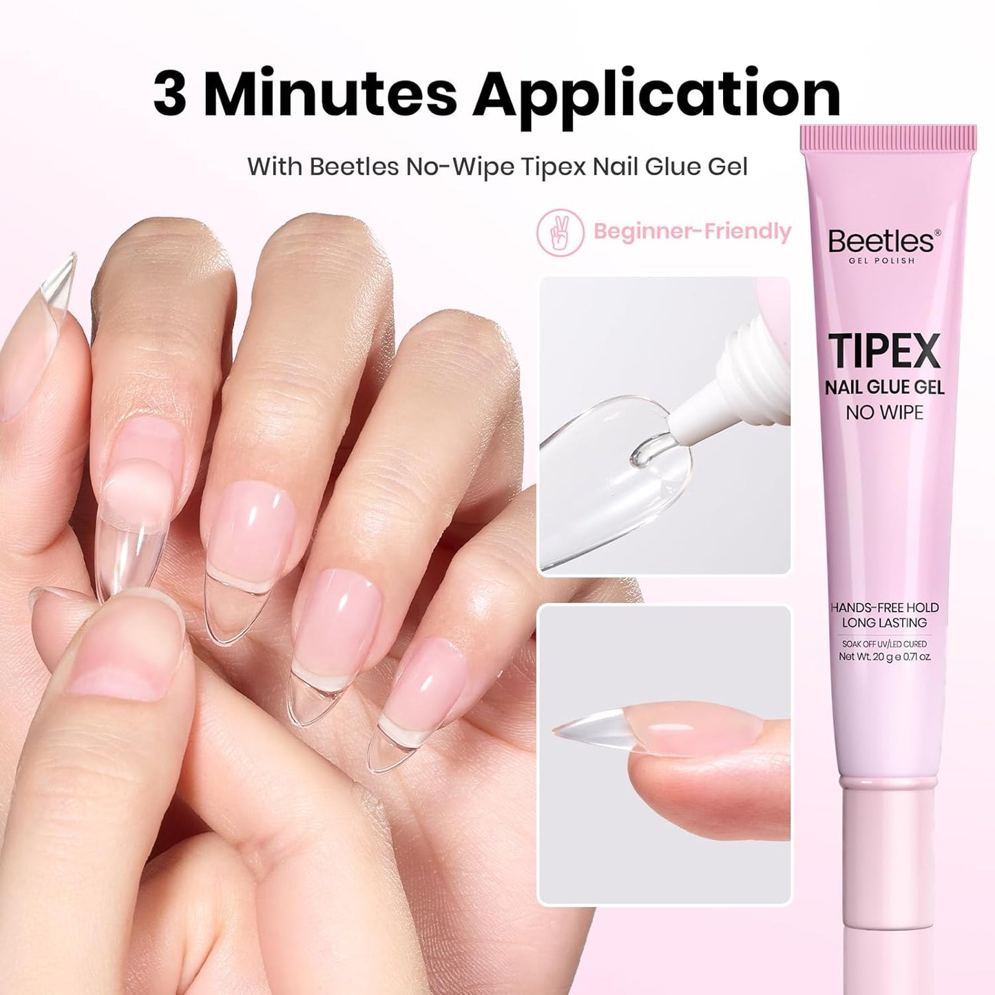 Beetles Nail Glue Gel - 20g No Wipe Formula for Instant Apex Nail Tips | Flat-Nail Friendly, UV/LED Cured