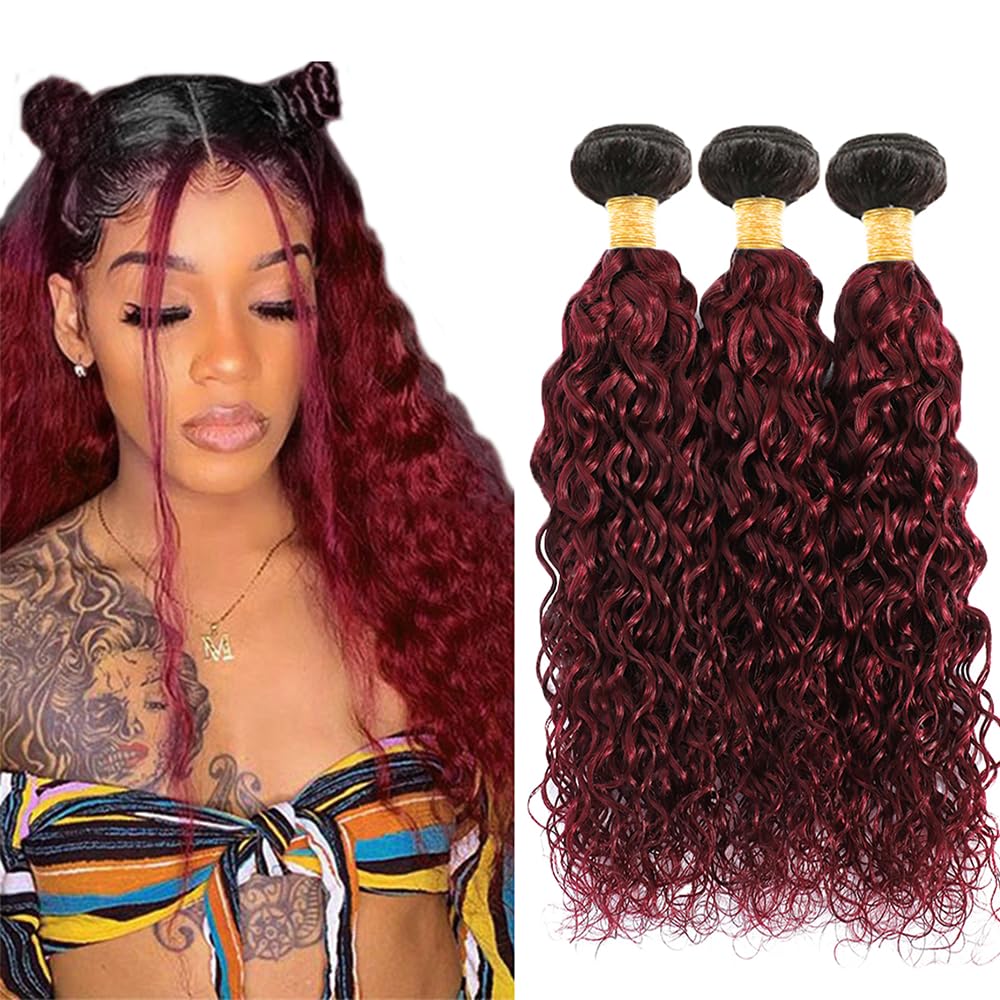 1B99J Human Hair Bundles Burgundy Water Wave Bundle Brazilian Unprocessed Virgin Hair 3 Bundles 18 20 22 Inch 1B99J Bundle Hair Extensions
