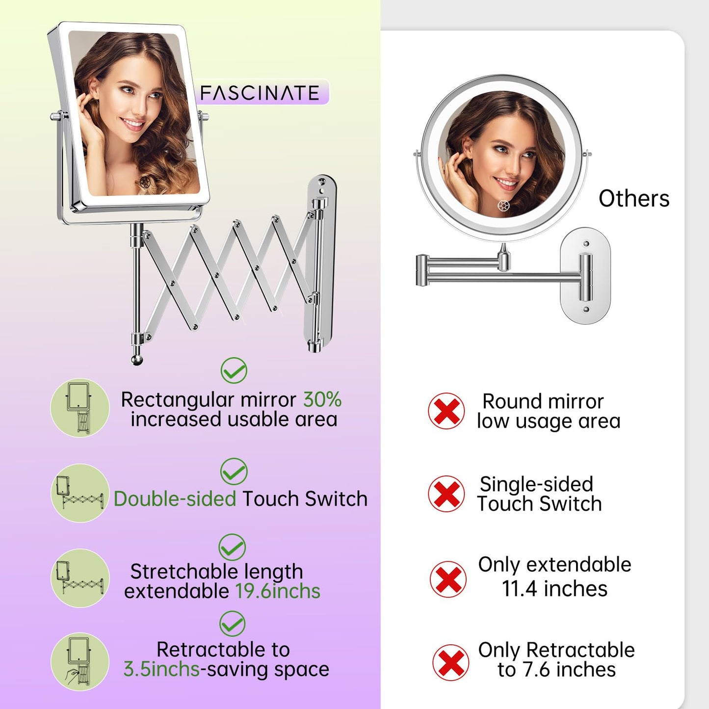 FASCINATE 5000mAh Rechargeable Wall Mounted Makeup Mirror with Lights, 8.7 Inch Double Sided Touch Switch 1X 30X Magnifying Bathroom Mirror, 3 Color Lights Dimmable Extended Arm 360°Rotation (Chrome)