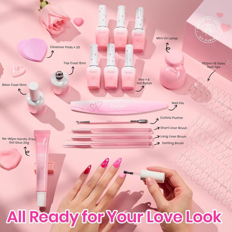 Beetles Nail Kit - Heart Cutout Almond & Stiletto Tips, 192pcs Gel Starter Set with UV Lamp & 6 Colors