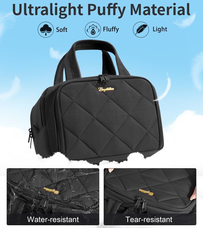Travel Toiletry Bag, Large Wide-open Puffy Toiletry Bag for Women, Lightweight Quilted Makeup Bag Cosmetic Organizer with Handle Water-resistant Travel Essentials for Toiletries Accessories Black