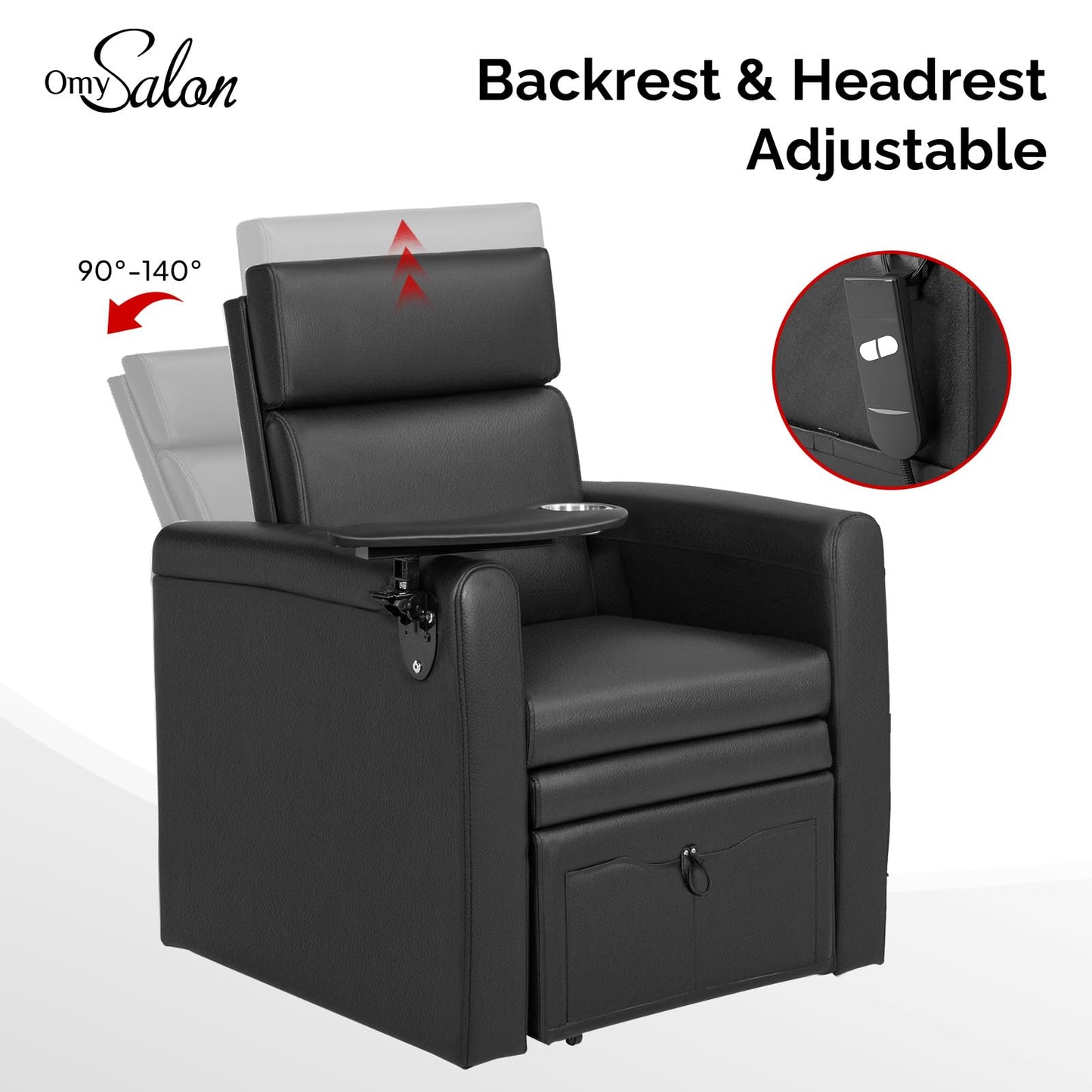 OmySalon Electric Pedicure Chair Pedi Station w/Adjustable Backrest, Movable Cup Holder & Hidden Storage Platform, No-Plumbing Full-Floor Support for Professional Nail Tech Supplies Spa Salon (Black)
