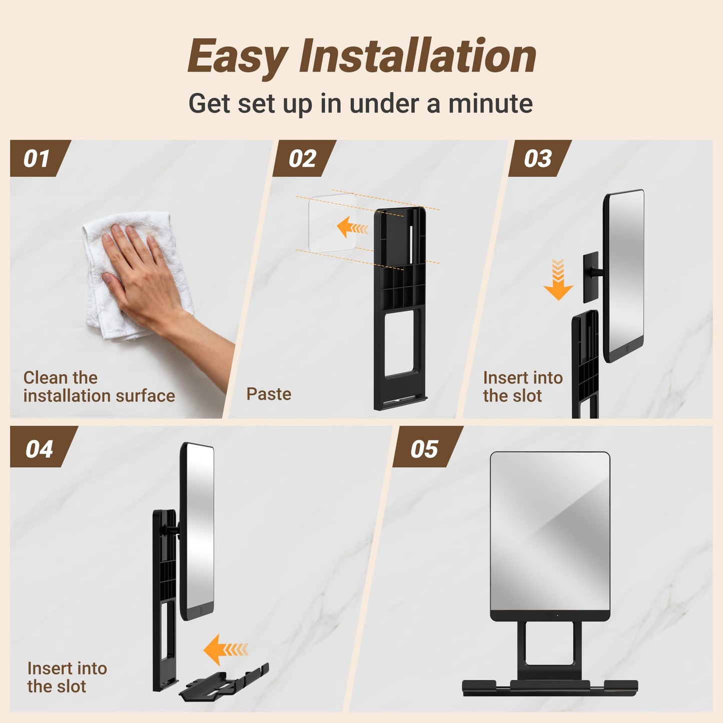 Toollygozz Heated Fogless Shower Mirror for Shaving, 5000mAh Long-Lasting Anti-Fog Shower Mirror with 360° Rotating Design & Razor Holder, Fog-Free Shaving Mirror for Men (Black)