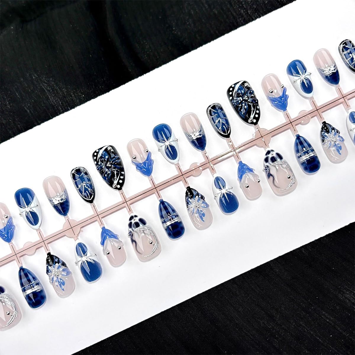 Blue Flower Press-On Nails - 30 Pcs Medium Almond Acrylic with 3D Rhinestones | Y2K French Tip Design