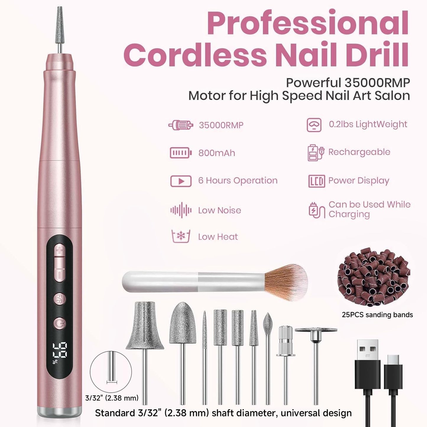 Cordless Nail Drill - 35000RPM Electric Nail File for Acrylic Gel Nails | Portable Professional Manicure & Pedicure Kit with LCD Display