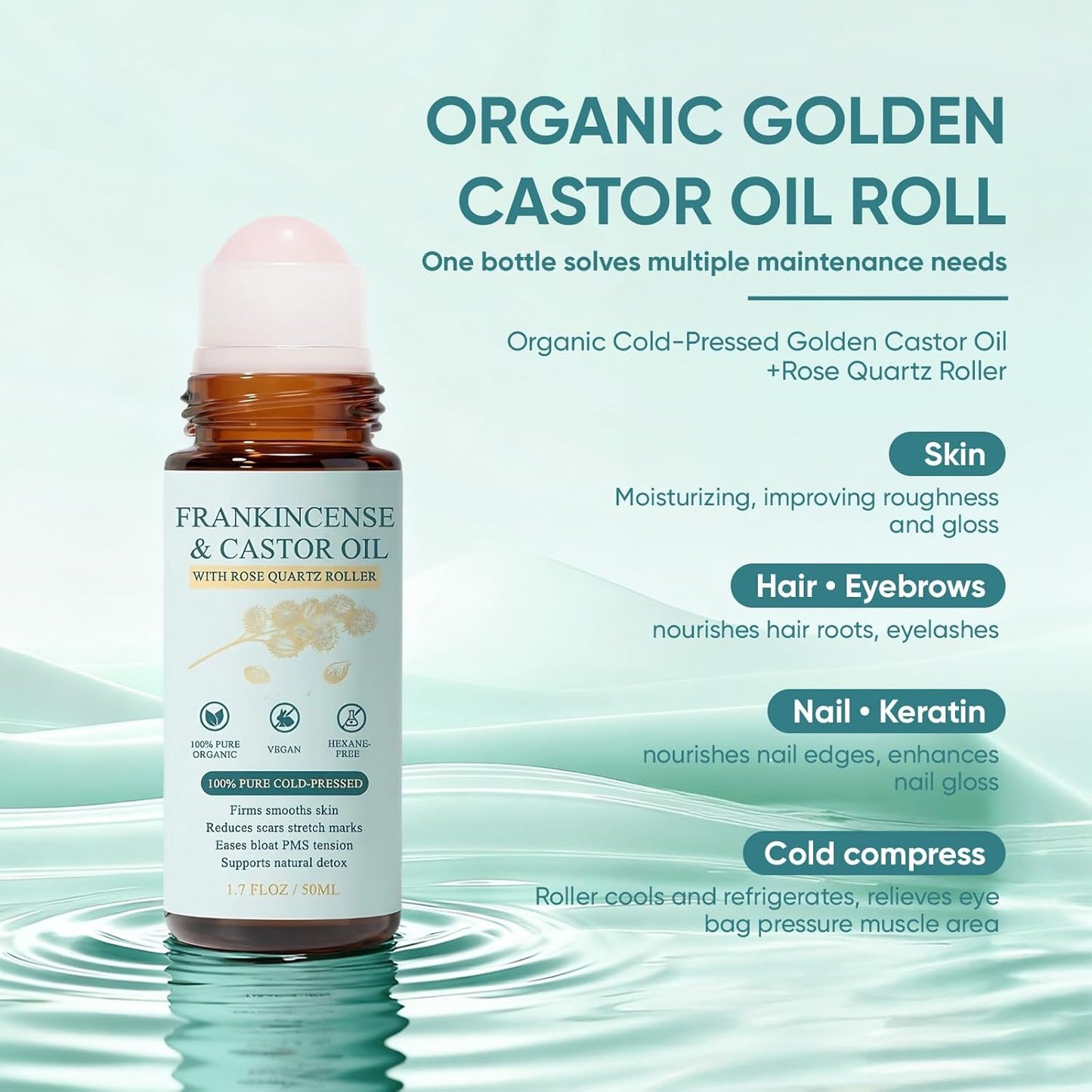 Rose Quartz Roller with Frankincense & Castor Oil - Organic Cold-Pressed Roll-On | Firms Skin, Brightens Eyes, Reduces Scars & Stretch Marks 1.7 Fl Oz