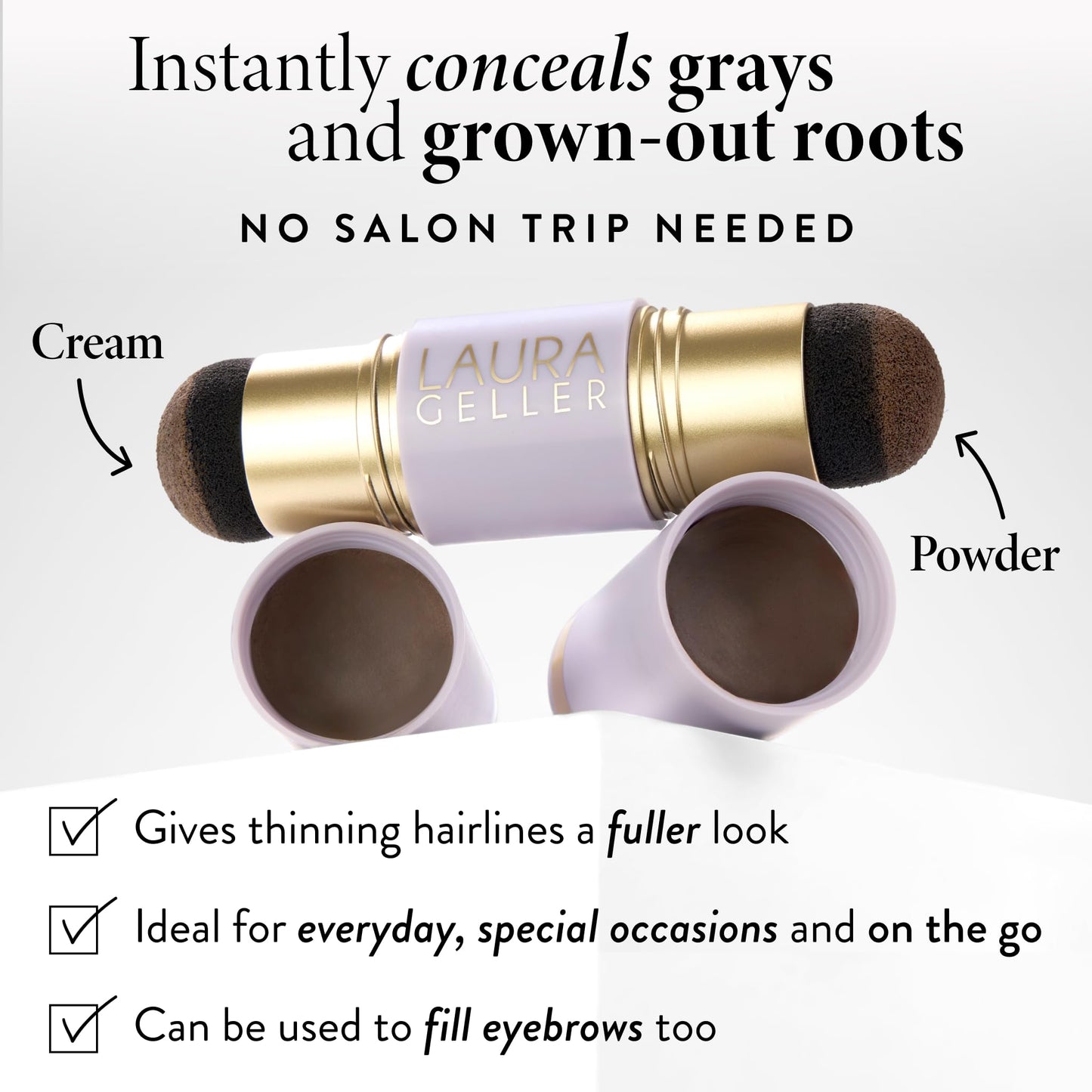 LAURA GELLER NEW YORK Root Touch-Up for Hair & Brows, Instant 100% Gray Root Coverage with Buildable, Transfer-Resistant, 2-in-1 Cream & Powder Formula for Thinning Hair & Sparse Brows - Black