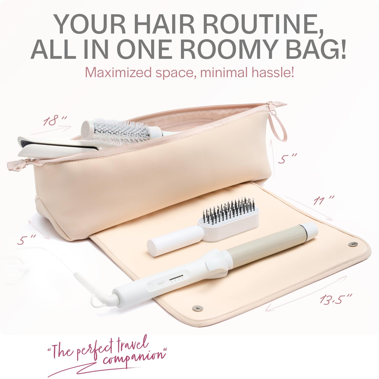 Aerotrunk Hair Tools Organizer - Hot Hair Tools Travel Bag with Heat Resistant Mat, Large Capacity Pouch for Flat Irons, Curling Wands, Hair Dryers - Beige