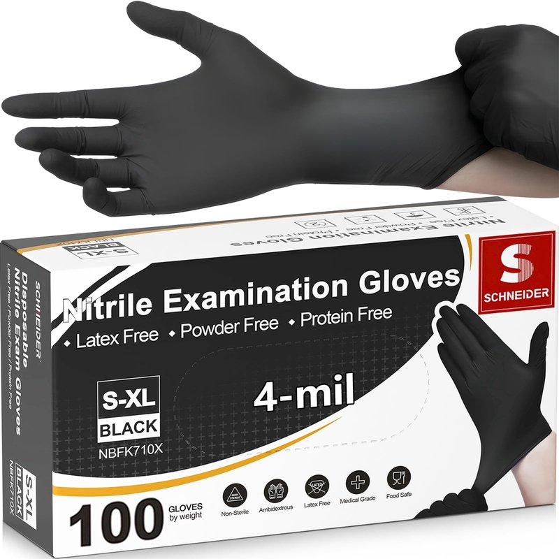 Schneider Medical Nitrile Exam Gloves, 4 Mil Black Gloves Disposable Latex Free Powder Free, Food Safe for Cooking, Food Prep, Clean (100, Medium)