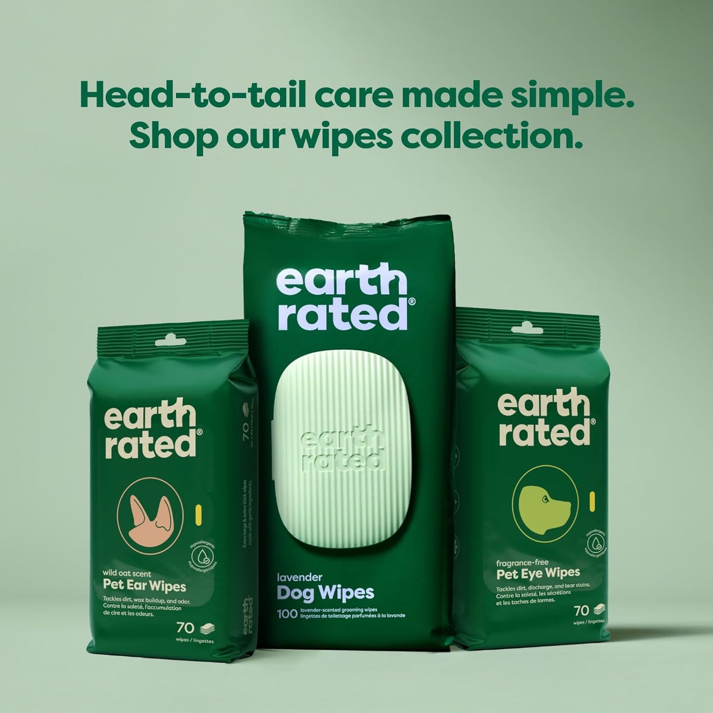 Earth Rated Pet Wipes - Hypoallergenic 3-in-1 Cleaning Wipes for Dogs & Cats | 100 Count, Unscented