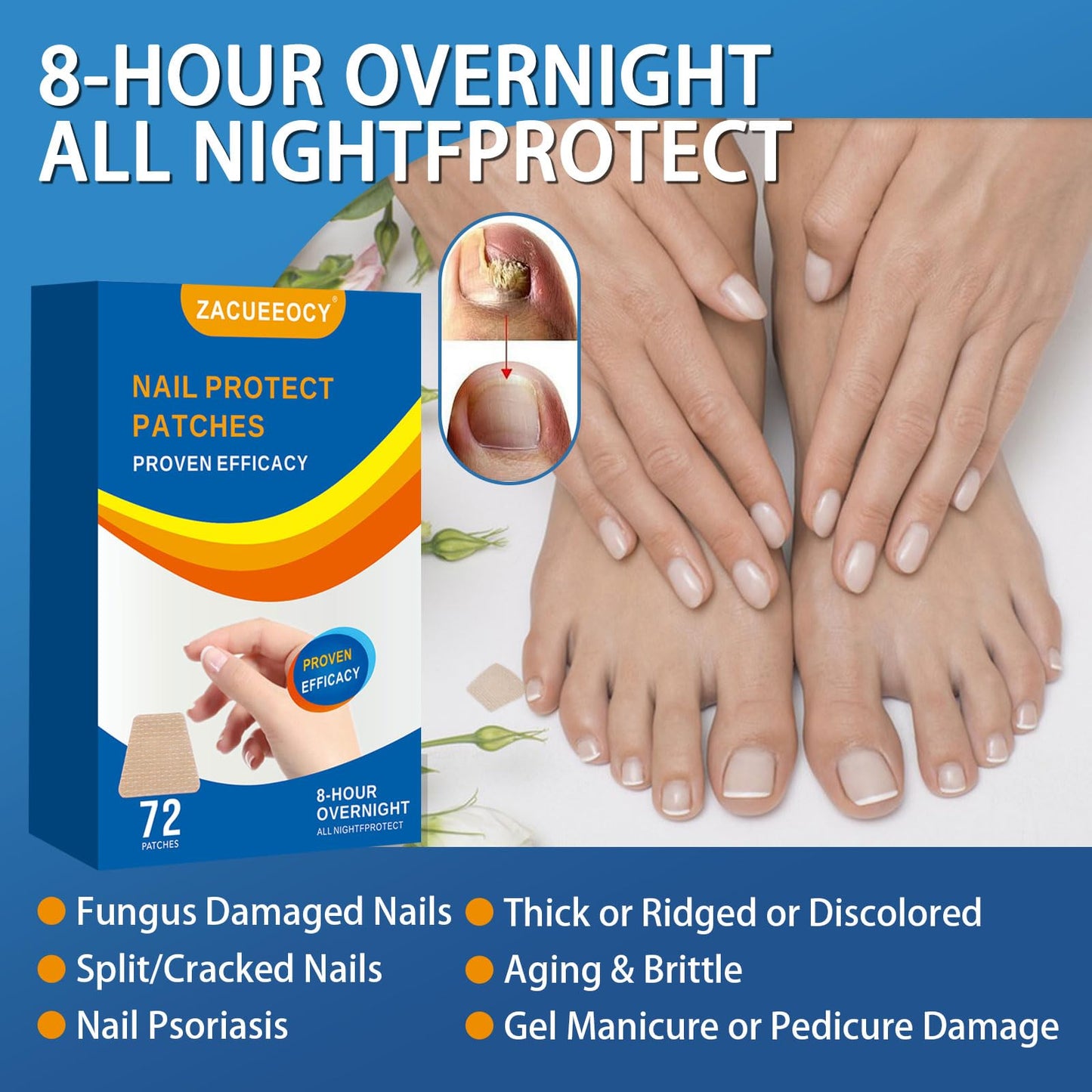 ZACUEEOCY 72PCS Nail Treatment Patches for Toenail and Fingernails, Nail Repair Patches Extra Strength 8-Hours Overnight Care and Repair for Damaged Nails for Men and Women