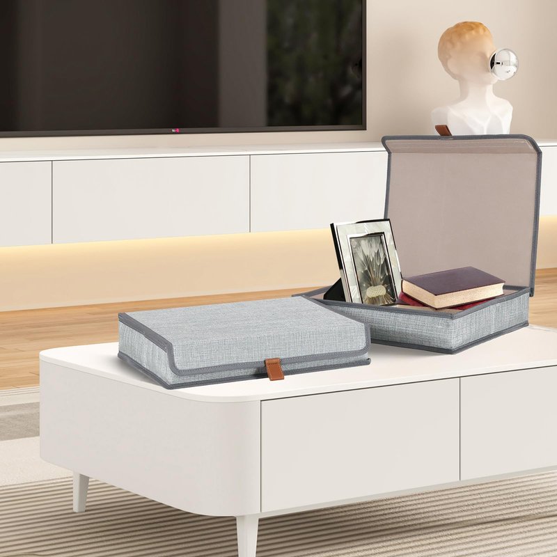 ORGMASTER Photo Storage Boxes with Lids, Memory Box for Keepsakes, Picture Organizer Versatile Linen Containers Basket Collapsible Bin for Organizing Home Office, 2 Pack, 14x10.8x2.5 Inch, Gray