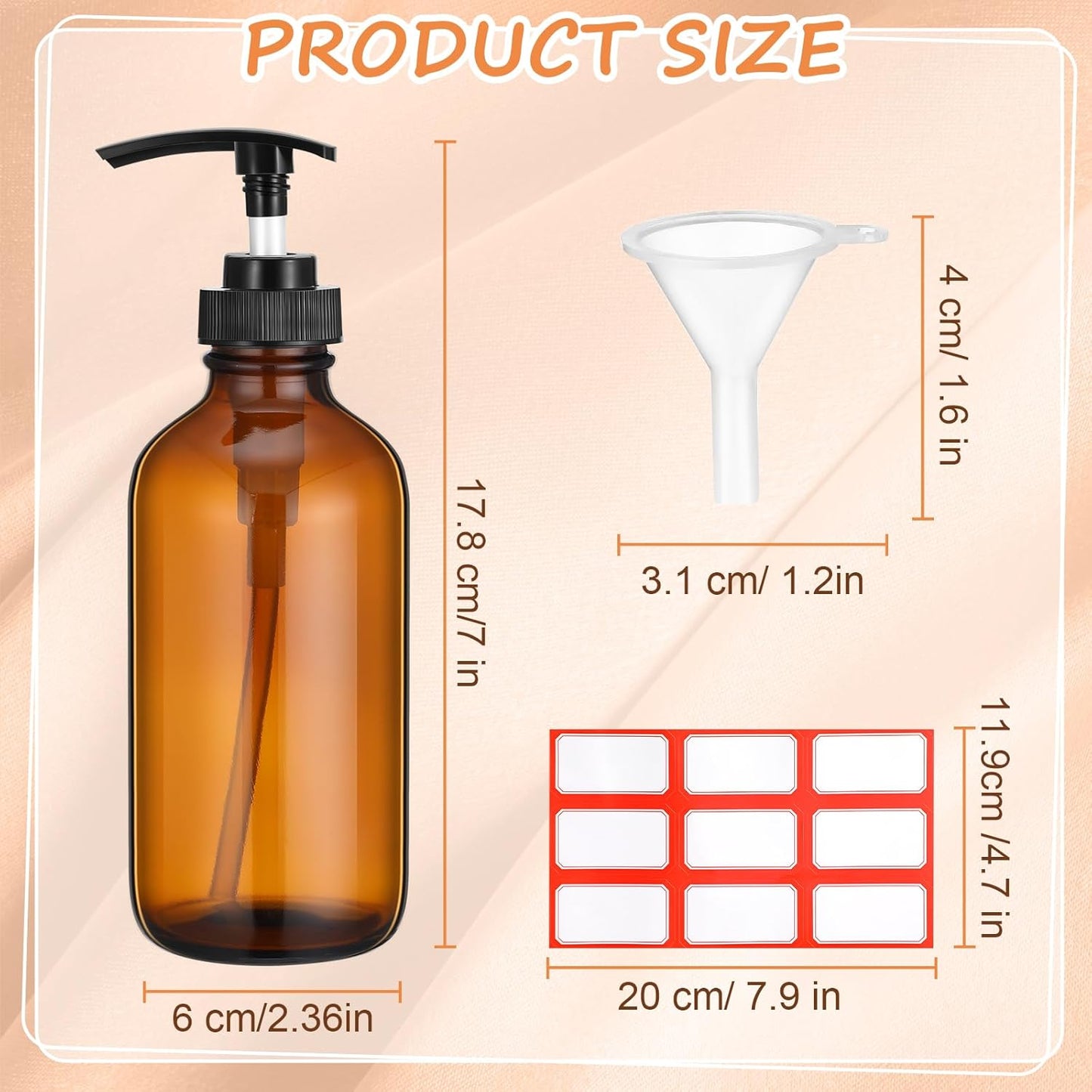 Glass Pump Bottle Set - 24 Pcs 8 oz Refillable Soap Dispenser with Labels & Funnels | Amber