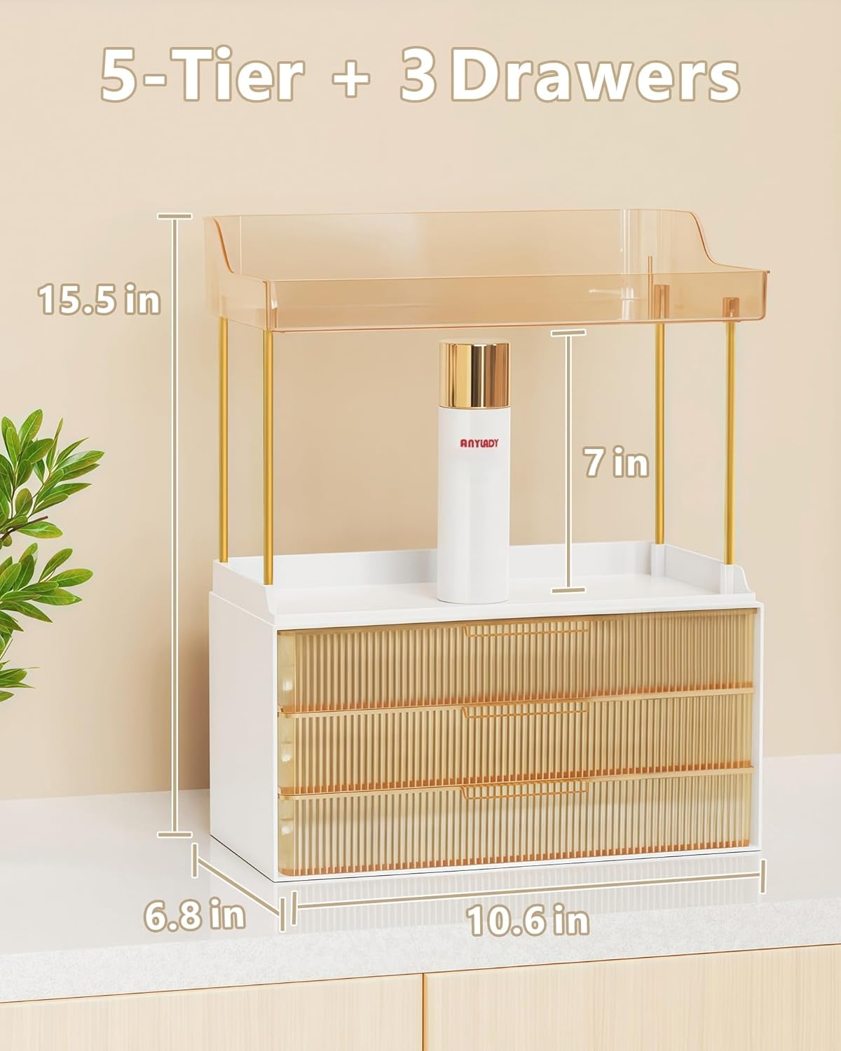 Bathroom Organizer - Sturdy Makeup Storage for Vanity & Countertop | Gold Cosmetic Dresser Organizer