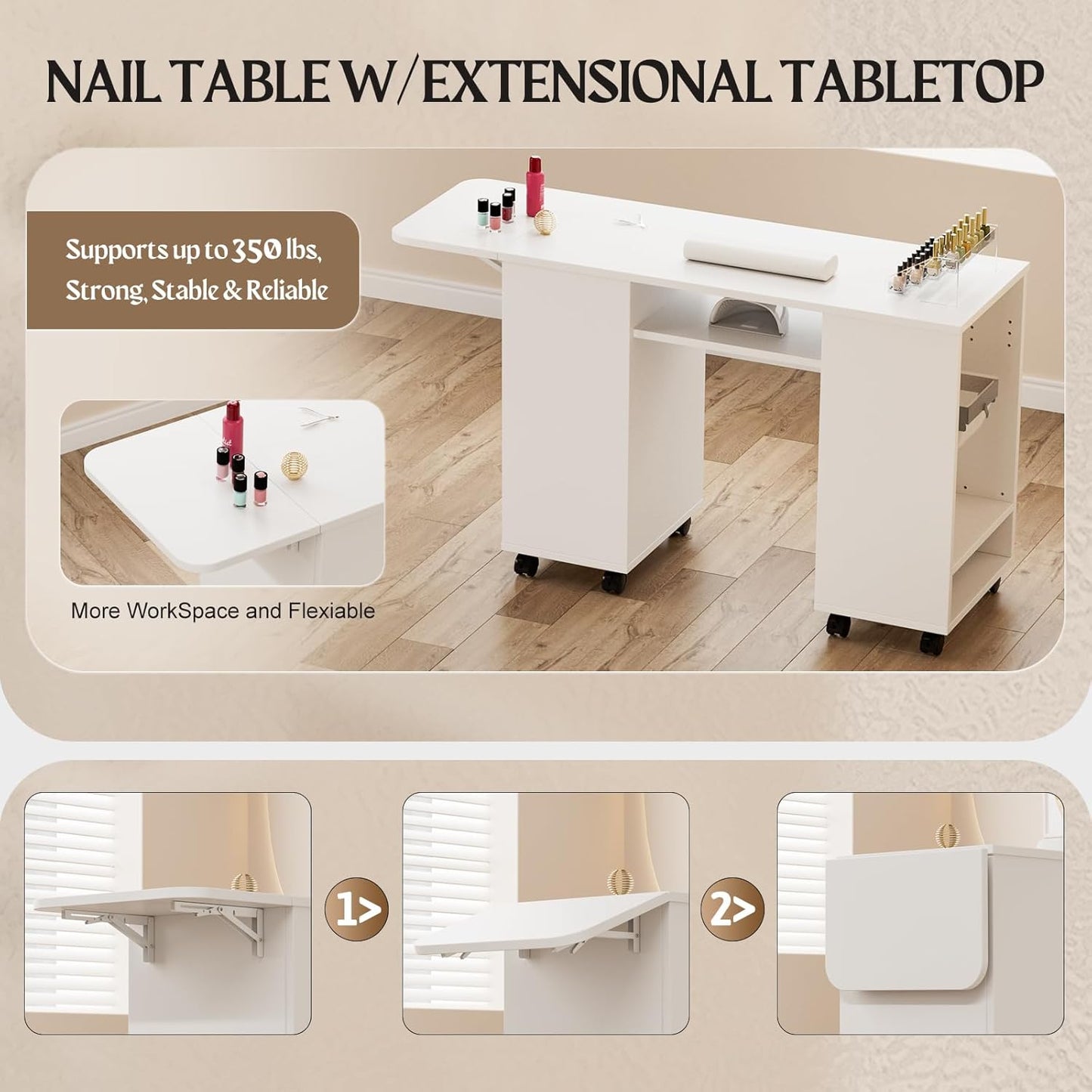 Manicure Table - Paddie Nail Desk with Extendable Surface, Trash Bag Holder & Lockable Wheels | White