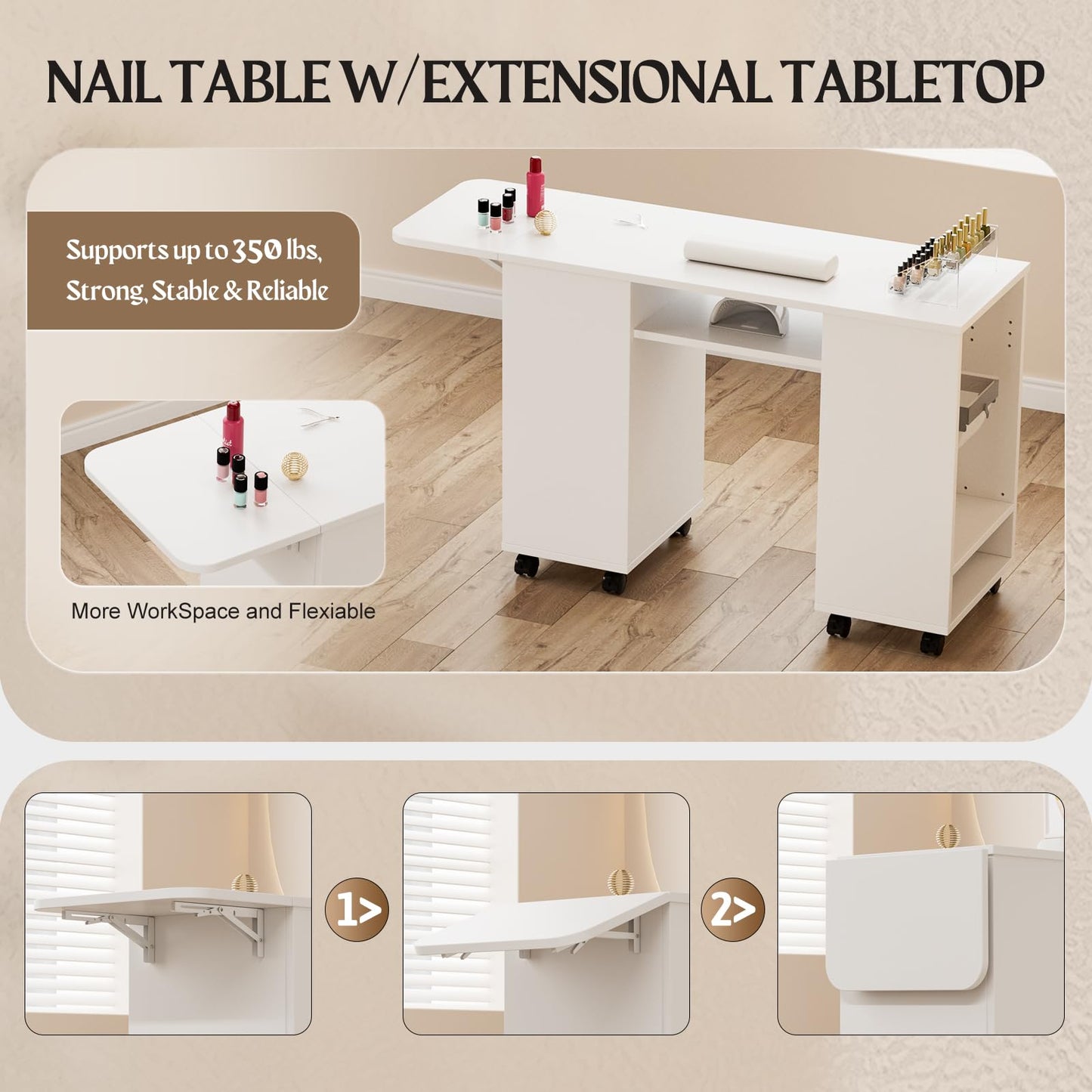 Paddie Manicure Table with Extendable Table, Nail Desk Table for Nail Tech with Trash Bag Holder & Vertical Drawer, Nail Beauty Station with Wrist Cushion, Lockable Wheels, Storage Cabinet(White-New)
