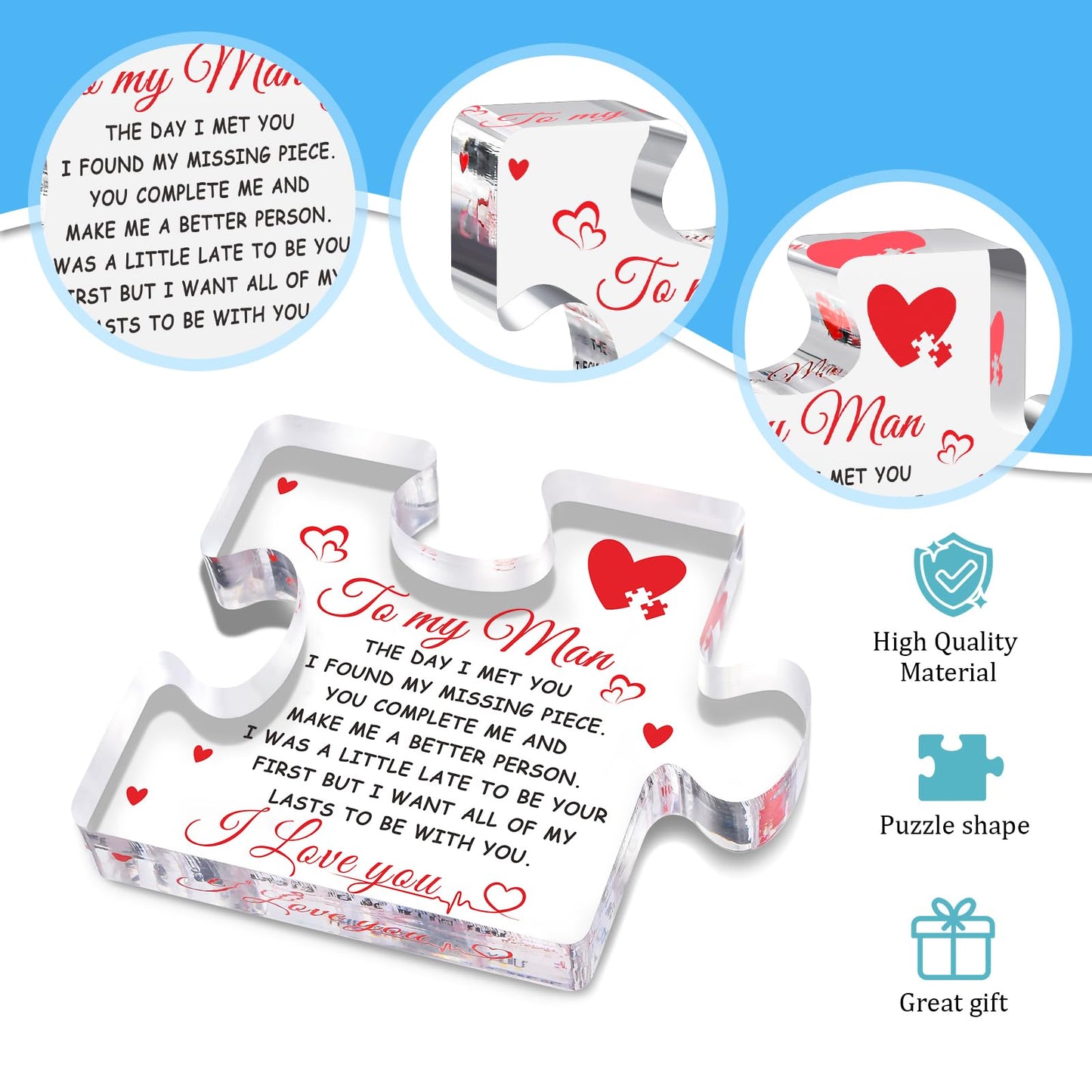 Fathers Day Dad Gifts for Husband from Wife to My Man Acrylic Block Puzzle 3.9 x 3.3”Romantic Engraved Gift for Boyfriend Wedding Anniversary Birthday Gifts for Fiance Couple