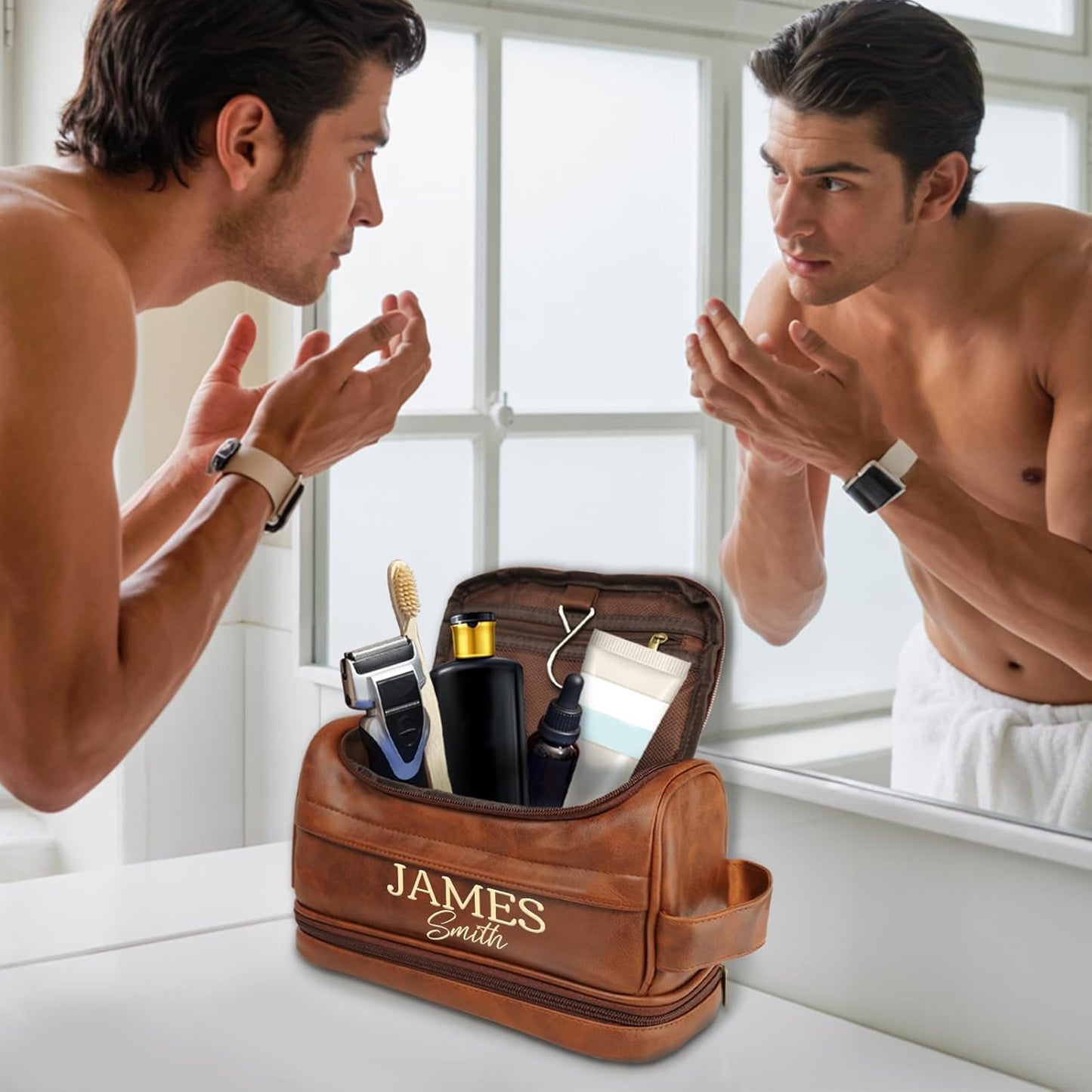 Personalized Toiletry Bag for Men - Custom Engraved Leather Travel Shaving Bag | Ideal Gift for Dad, Husband, Groomsmen