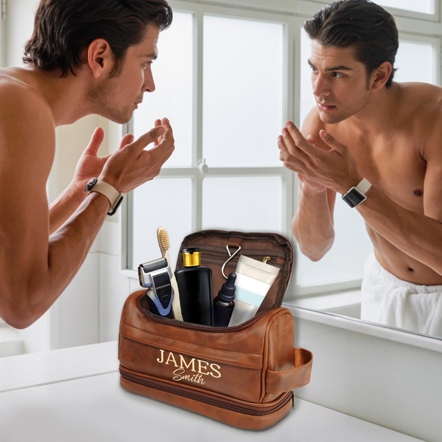 Personalized Toiletry Bag for Men, Leather Custom Travel Shaving Bag, Father's Day Gifts for Men, Dad, Him, Father, Son, Boyfriend, Husband, Brother, Birthday, Anniversay, Engraved Pattern Text