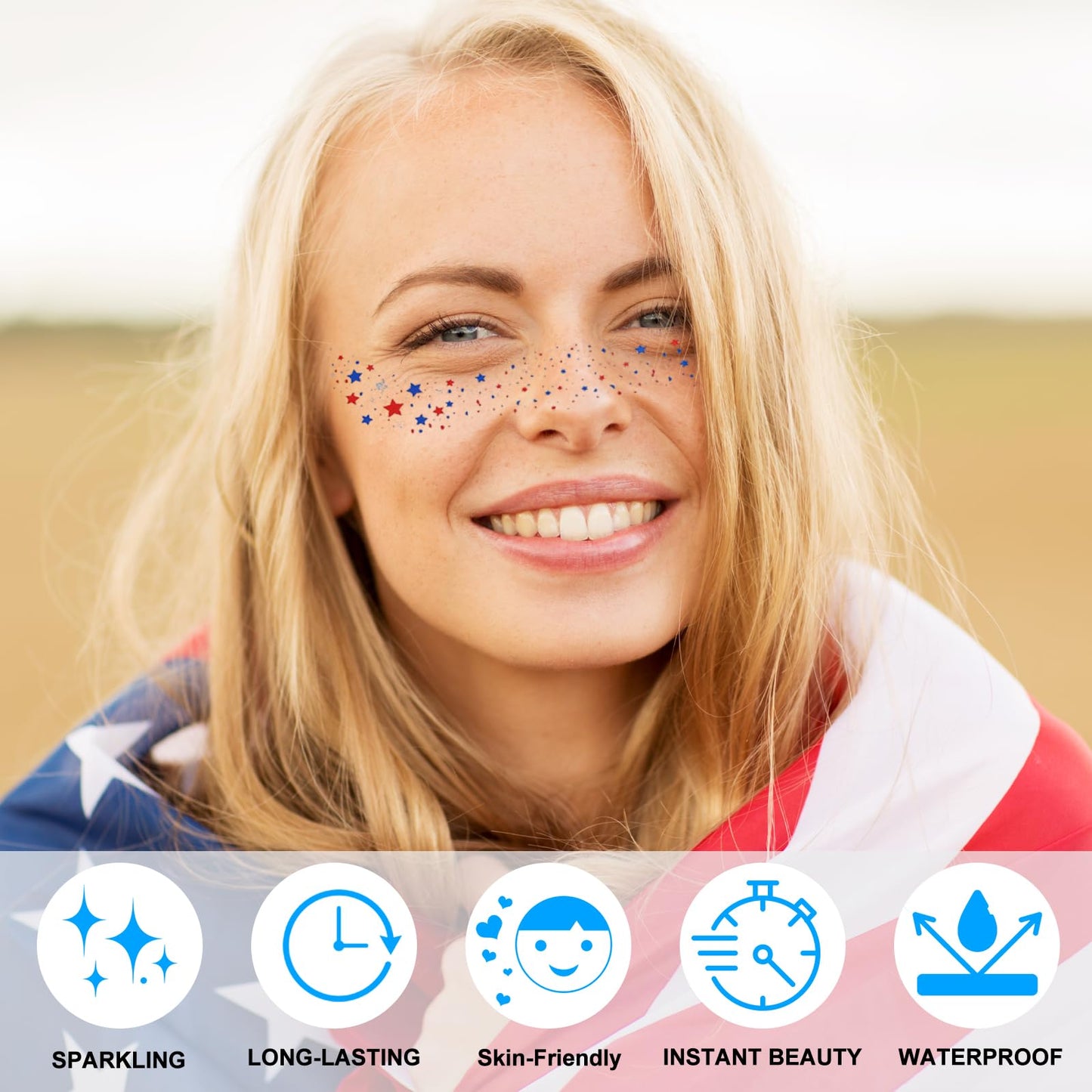 KALYFADIO 8Pcs 4th of July Face Tattoos,Red White and Blue Accessories,Glitter Freckles Face Tattoo,Patriotic Fourth of July Outfit for Women,USA Flag Star Freckles for Independence Day