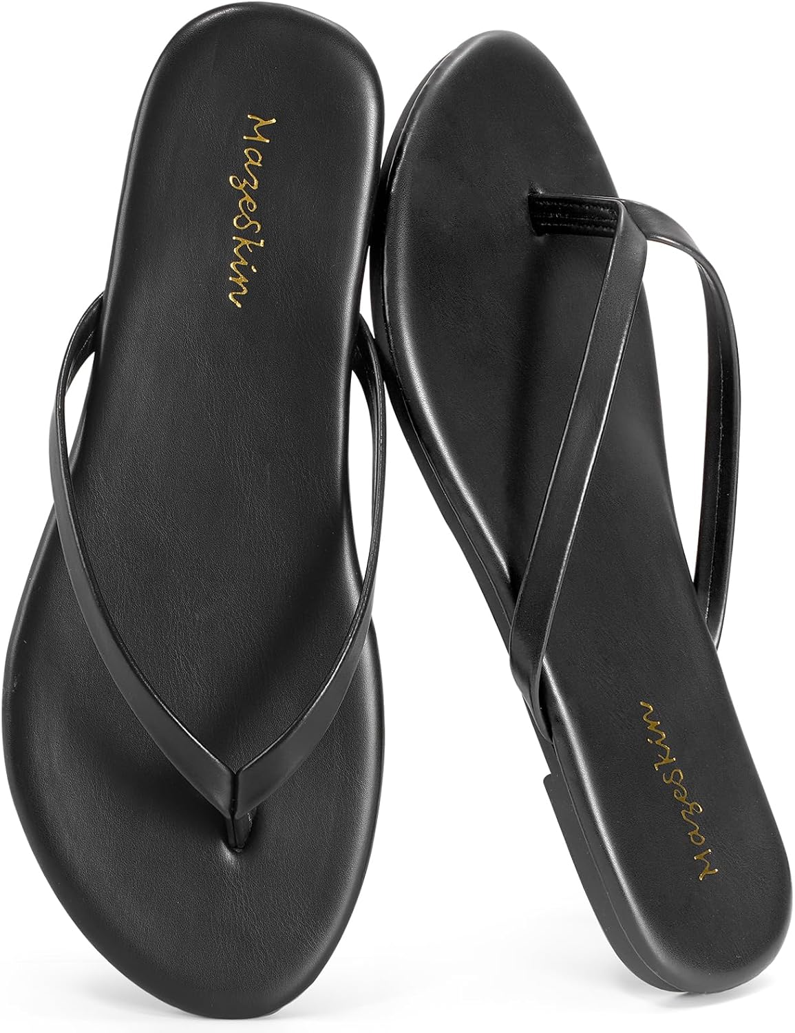 Mazeskin Women's Memory Foam Flat Thong Sandals - Comfortable Leather Slide Flip Flops for Summer Beach