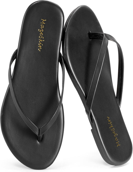 Mazeskin Women's Memory Foam Thong Sandals - Comfortable Leather Slide Flip Flops for Summer Beach Wear