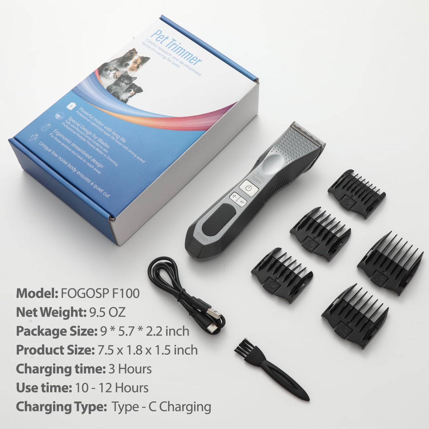 FOGOSP Cordless Dog Grooming Clippers More Than 12H Run Time 3-Speed Professional Pet Clippers for Grooming Heavy Duty Thick Hair Detachable Carbonized Steel Blade Low Noise