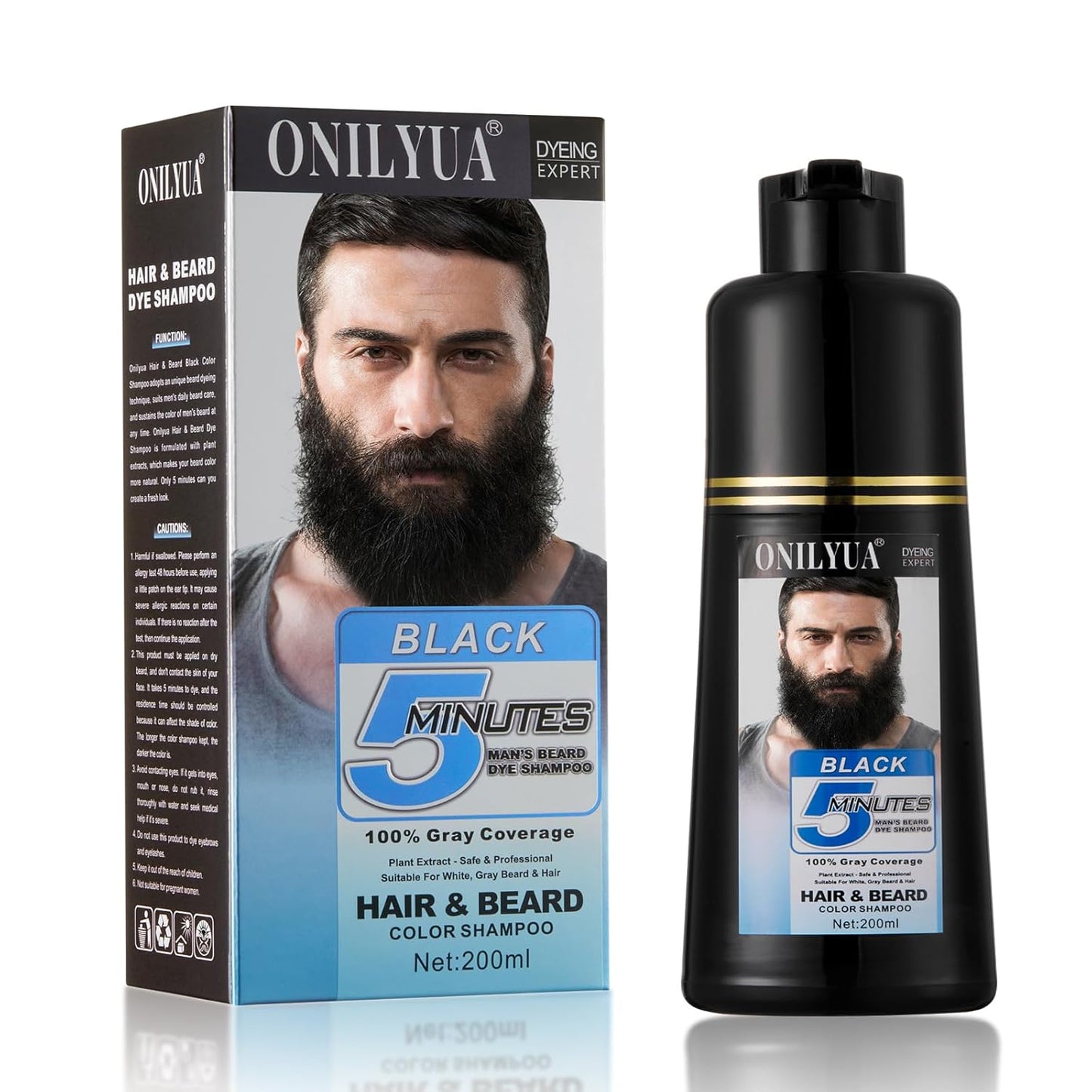 Men's Black Hair Dye - Long-Lasting Gray Coverage & Quick 5-Minute Beard Shampoo | 3-in-1 Solution