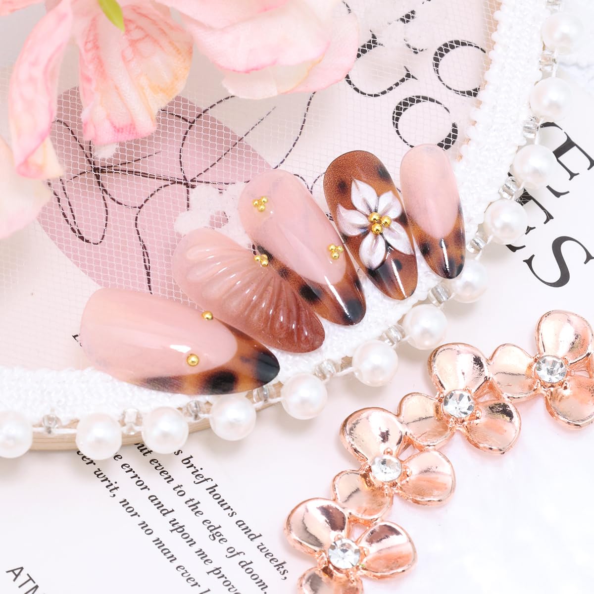 Short Almond Press-On Nails - 24 Pcs French Tip with Leopard Print & Gold Beads | Reusable Acrylic Nail Designs for Women