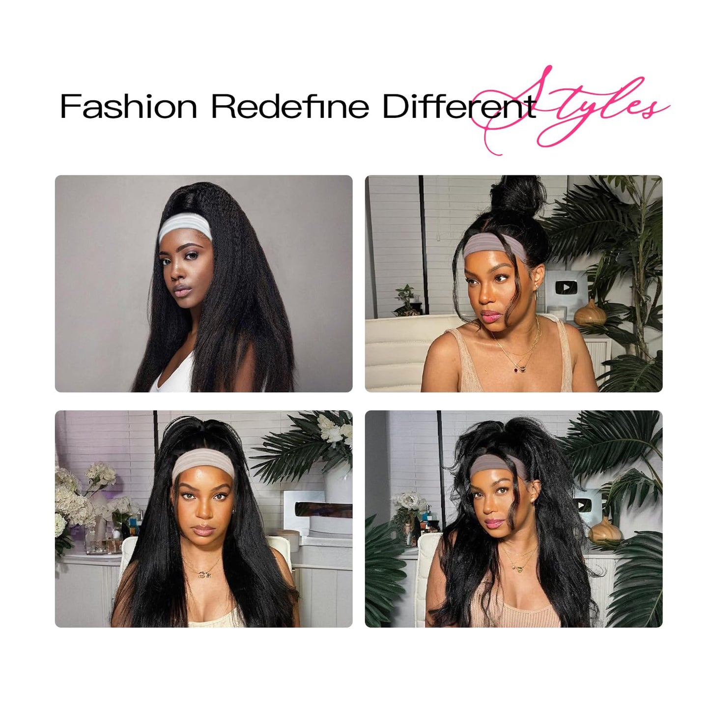 Kinky Straight Headband Wig for Black Women - 180% Density Human Hair | Natural Black, 16in