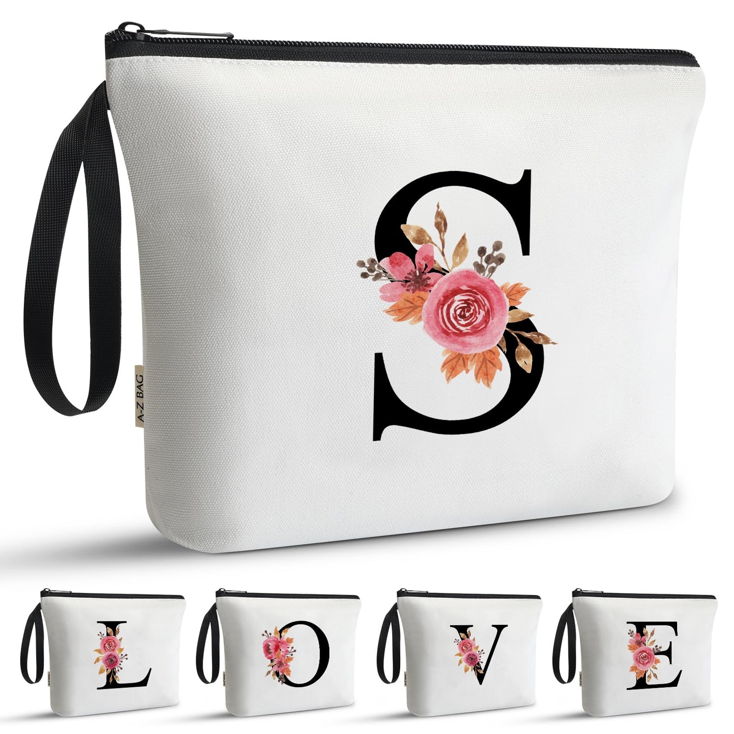 A-Z BAG Personalized Makeup Bag, Birthday Gifts for Women Mom, Gifts for Best Friend, Bride Bridesmaid Cosmetic bag (S, White)