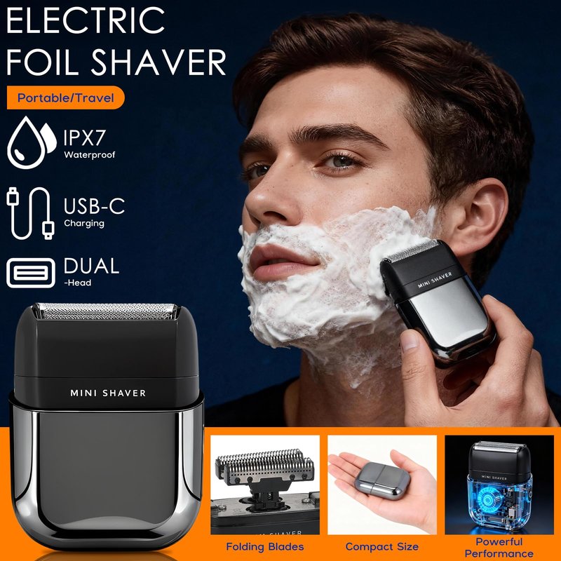 Foil Shaver, Portable Electric Razors for Men Mini Electric Shaver Wireless Charging IPX7 Waterproof Wet/Dry Use USB-C Charging 2H Battery Life Travel Shaver Facial Beard and Neck Trimmer