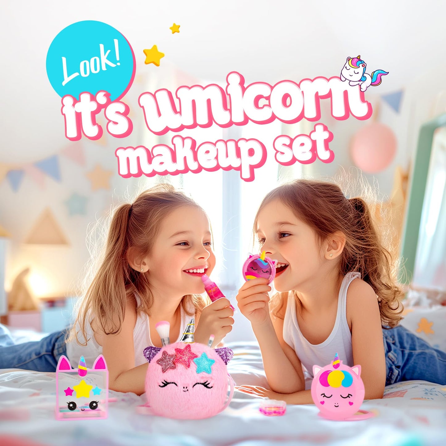ULOVEME Talc-Free Kids Real Makeup Kit for Little Girls - Mica-Based Safe Formula, Real, Non Toxic, Washable - Ideal for 4 5 6 7 8 Years Old Girls Birthday, Dress Up Party