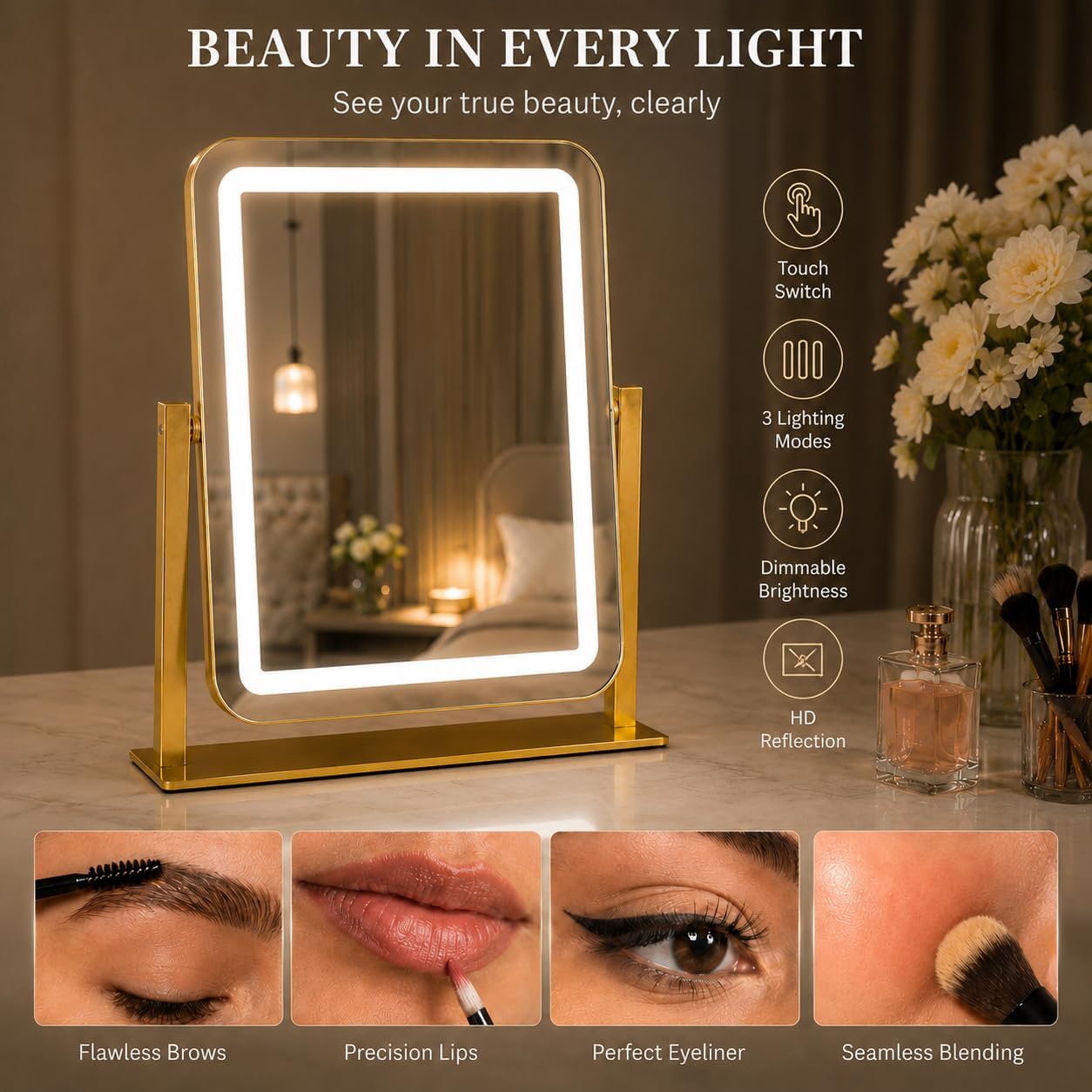 Gold Lighted Makeup Mirror - 15" x 13" Dimmable LED Vanity Mirror with Touch Control | 360° Rotation for Bedroom & Dorm