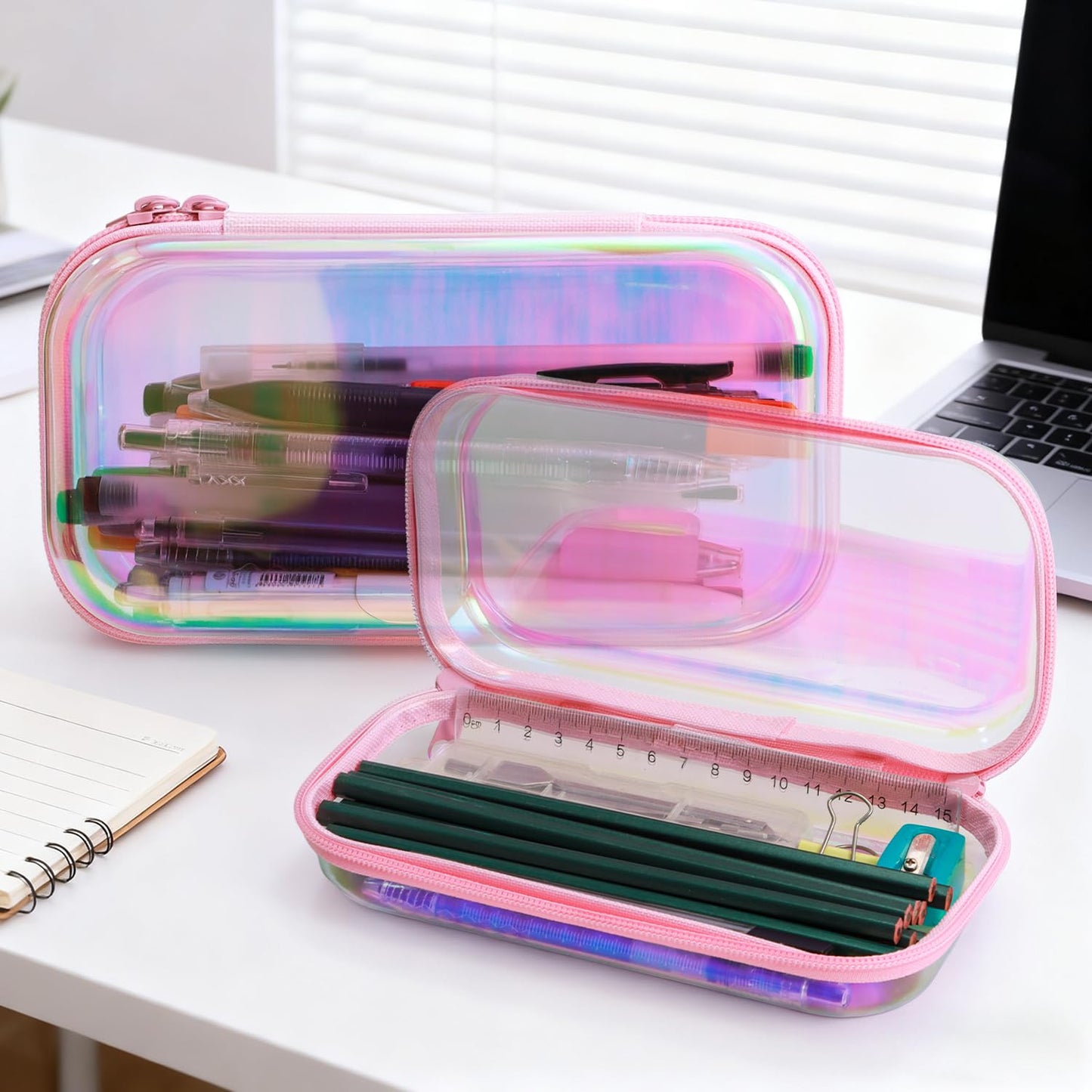 Clear Hard Shell Zipper Case, Surface scratch resistant material, Portable Cosmetic Bag with Zipper, Diaper Bag Organizing Pouches, Hard Plastic Case, Clear Bags for Organizing, Laser Pink （3 Pcs）