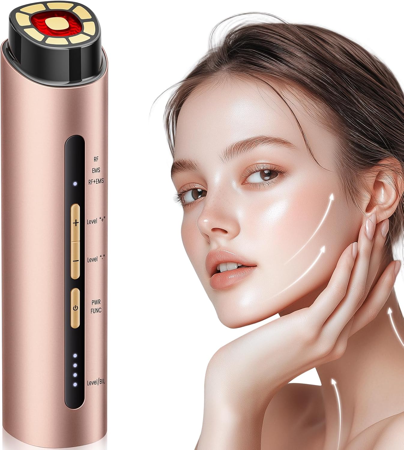 Microcurrent Facial Device - 3 Modes Red Light Therapy for Face & Neck | Gold Skin Care Massager