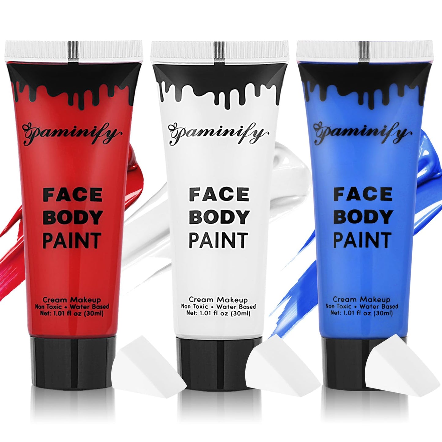Paminify Red White Blue Face Paint Kit for Independence Day,4th of July USA Patriotic 1.01oz/pc Flag Body Paint with sponges for Sport Game,Halloween Face Painting for Joker Clown Devil Costume
