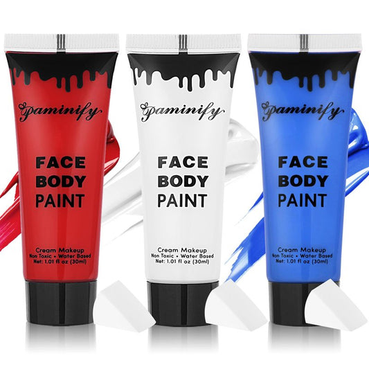 Paminify Red White Blue Face Paint Kit for Independence Day,4th of July USA Patriotic 1.01oz/pc Flag Body Paint with sponges for Sport Game,Halloween Face Painting for Joker Clown Devil Costume