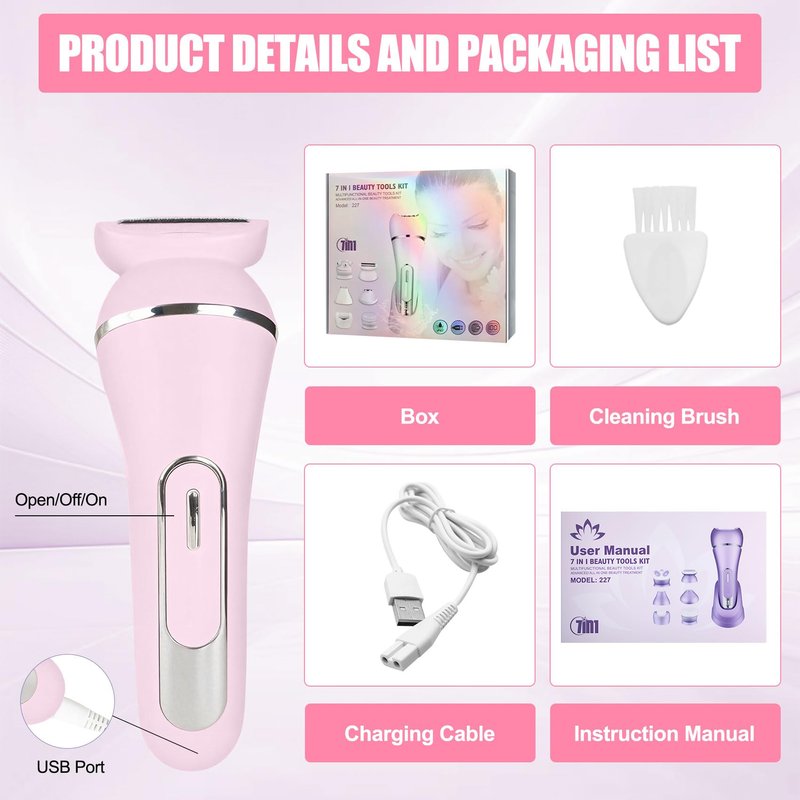 3.0 Women Face Epilator, 7-in-1 Rechargeable Facial Hair Remover with LED Battery Display, Facial Shaver for Face, Eyebrow, Nose Trimmer (Pink)