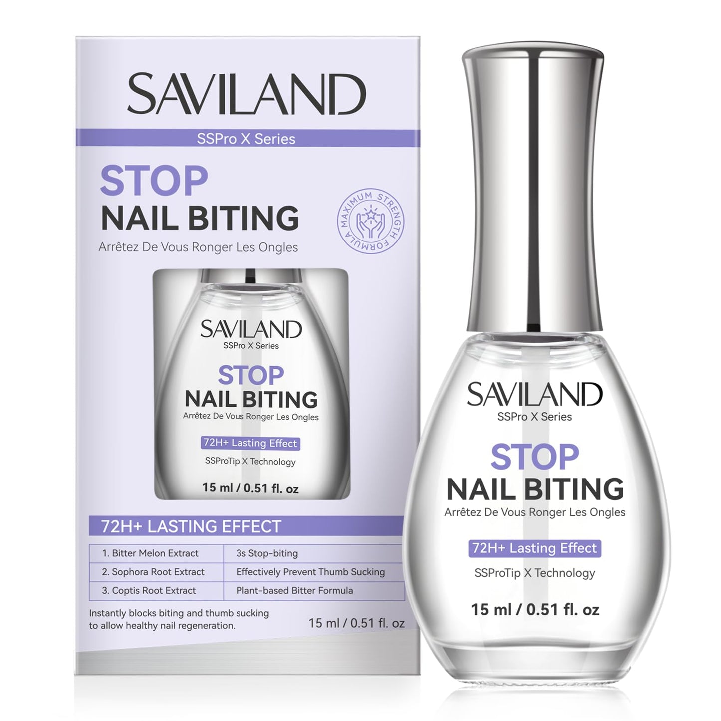 SAVILAND Nail Biting Prevention for Adults 0.51oz: Extreme Bitter Nail Biting Treatment 72H Lasting Nail Biting Treatment 2-in-1 Natural Stop Biting Nail Strength Repair Nail With Marigold &Aloe Vera
