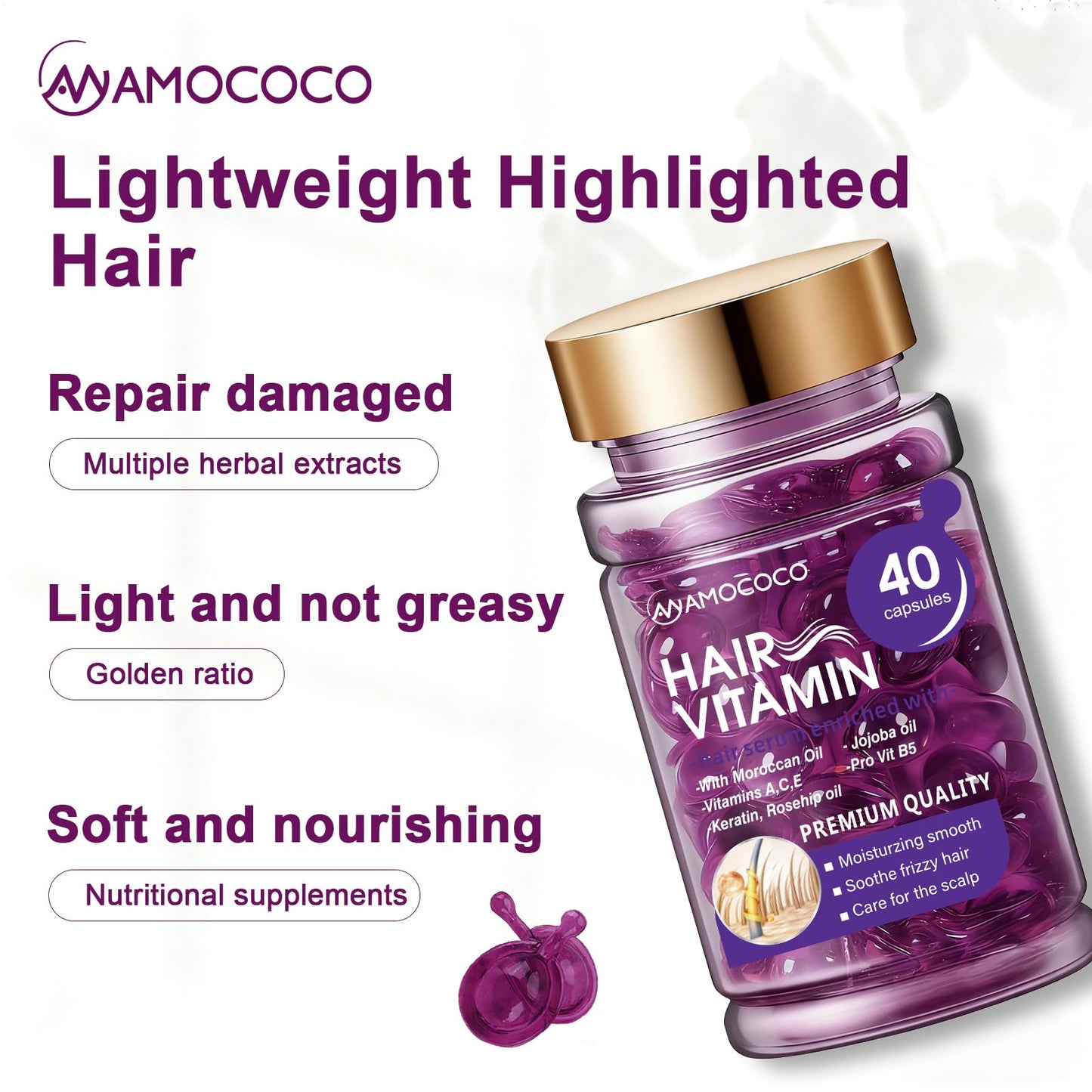 Amococo Hair Oil 40 Capsules with Keratin, Argan Oil & Jojoba Oil, Nourishing & Strengthening Hair for Dry, Damaged Hair, Frizz Control & Softness for Women & Men