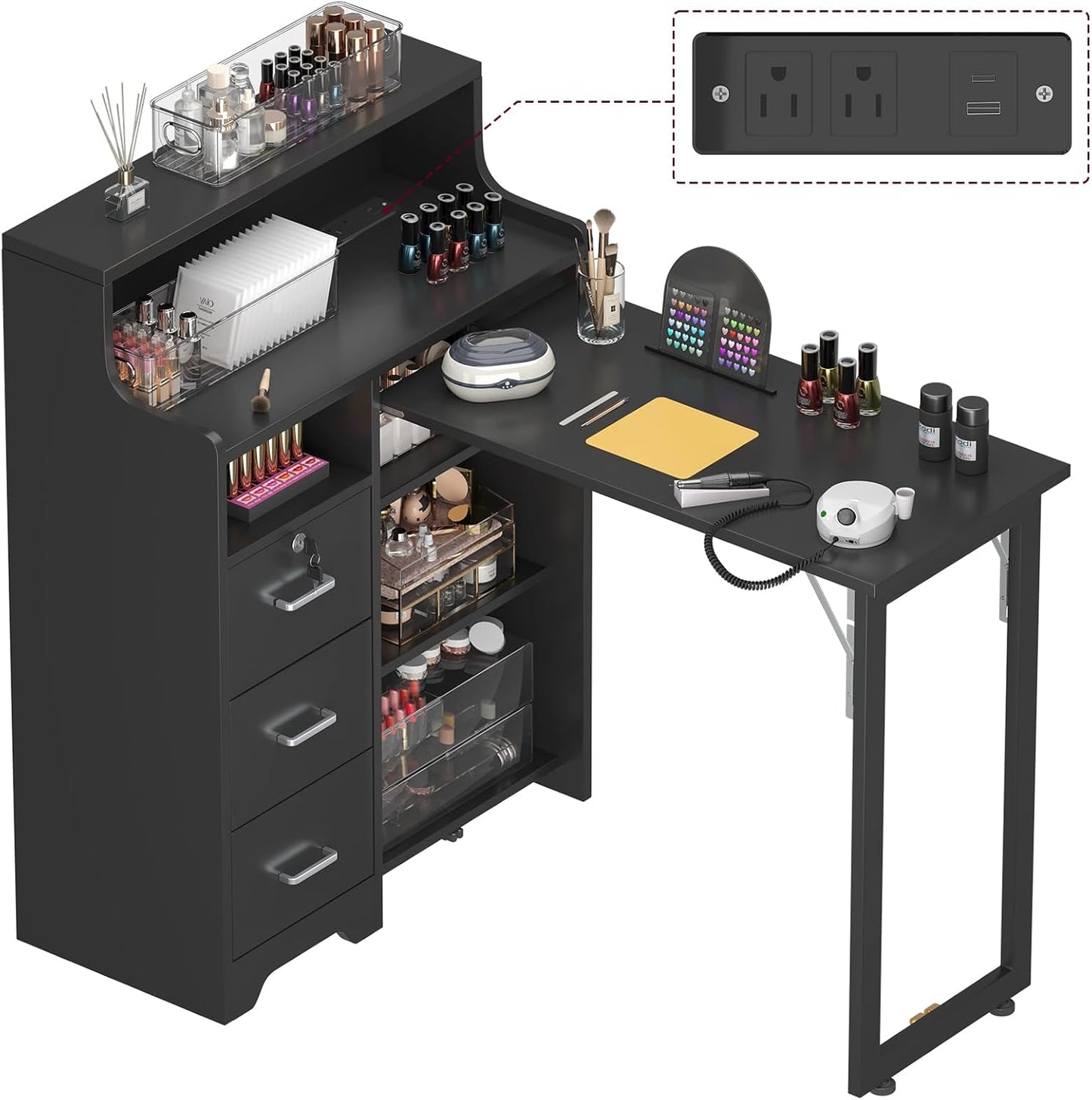 Foldable Nail Desk - L Shape Manicure Table with Cabinet Drawer & Charging Station | Portable Black Beauty Salon Workstation