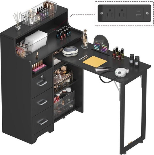 Foldable Nail Desk - L Shape Manicure Table with Cabinet Drawer & Charging Station | Portable Black Beauty Salon Workstation