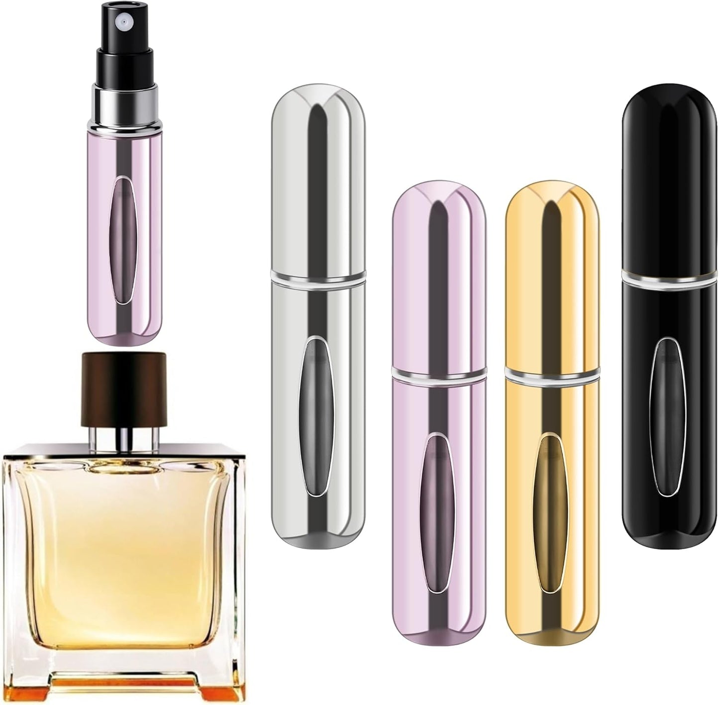 Refillable Perfume Atomizer Bottle - Portable Travel Spray, 5ml | 4 Pack in Silver, Purple, Blue, Gold, Pink, Black