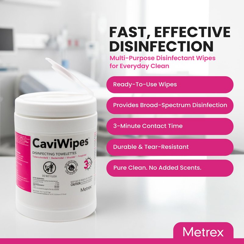 Metrex CaviWipes Disinfecting Towelettes – Alcohol-Based Scent, Durable Non-Woven Disinfecting Wipes, Surface Cleaner for Healthcare Settings – 6" x 6-3/4", 160 Wipes, White, 4 Pack
